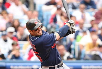BRONX, NY - MAY 08:  Ryan Garko #25 of the Cleveland Indians hits the ball against the New York Yankees during their game on May 8, 2008 at Yankee Stadium in The Bronx Borough of  New York  (Photo by Al Bello/Getty Images)