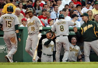 BOSTON - JULY 06:  Ryan Sweeney #15 and Kurt Suzuki #8 of the Oakland Athletics are congratulated after they scored against the Boston Red Sox on July 6, 2009 at Fenway Park in Boston, Massachusetts. The Athletics defeated the Red Sox 6-0. (Photo by Elsa/Getty Images)