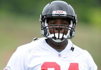 FLOWERY BRANCH, GA - MAY 9: Defensive tackle Peria Jerry #94 of the Atlanta Falcons works out during minicamp at the Falcons Complex on May 9, 2009 in Flowery Branch, Georgia.  (Photo by Paul Abell/Getty Images)