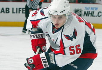 PHILADELPHIA - OCTOBER 1: Chris Bourque #56 of the Washington Capitals skates against the Philadelphia Flyers at the Wachovia Center October 1, 2008 in Philadelphia, Pennsylvania. The Flyers defeated the Capitals 2-1. (Photo by Jim McIsaac/Getty Images) 