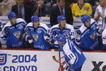 ST. PAUL, MN - SEPTEMBER 10:  Saku Koivu #11 of Team Finland is congratulated by teammates after scoring the game-winning goal against Team USA in the 2004 World Cup of Hockey semifinal game on September 10, 2004 at the Xcel Center in St. Paul, Minnesota.  Finland defeated the U.S. 2-1.  (Photo By Dave Sandford/Getty Images)