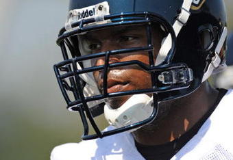 JACKSONVILLE, FL - MAY 1:  Tackle Eugene Monroe #75 of the Jacksonville Jaguars sets for play May 1, 2009 at a team minicamp near Jacksonville Municipal Stadium in Jacksonville, Florida.  (Photo by Al Messerschmidt/Getty Images)