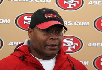 SANTA CLARA, CA - MAY 01:  Head coach Mike Singletary of the San Francisco 49ers talks with the media during the 49ers Minicamp at their training facilities on May 1, 2009 in Santa Clara, California.  (Photo by Jed Jacobsohn/Getty Images)