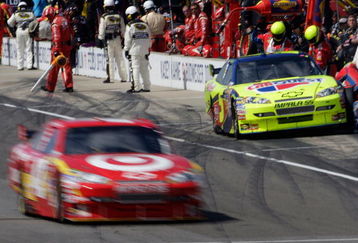 INDIANAPOLIS - JULY 26:  Juan Pablo Montoya, driver of the #42 Target Chevrolet, is caught for speeding down pit road during the NASCAR Sprint Cup Series Allstate 400 at the Brickyard at Indianapolis Motor Speedway on July 26, 2009 in Indianapolis, Indiana.  (Photo by Jamie Squire/Getty Images)