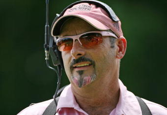 FT. WORTH, TX - MAY 30: CBS Sports golf analyst David Feherty wears a pink outfit in support of Amy Mickelson and breast cancer research during the third round of the Crowne Plaza Invitational at Colonial Country Club on May 30, 2009 in Ft. Worth, Texas. (Photo by Hunter Martin/Getty Images)