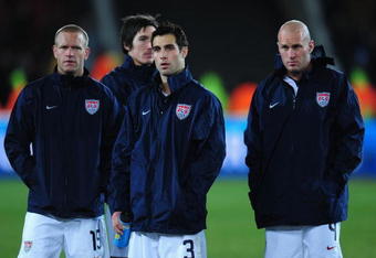 JOHANNESBURG, SOUTH AFRICA - JUNE 28:   Jay DeMerit (L), Carlos Bocanegra and Conor Casey (R) of The USA show their dejection at the end of the FIFA Confederations Cup Final between USA and Brazil at the Ellis Park Stadium on June 28, 2009 in Johannesburg, South Africa.  (Photo by Laurence Griffiths/Getty Images)