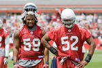 TEMPE, AZ - MAY 2 :  Will Davis #59 and Cody Brown #52 of the Arizona Cardinals watch a drill during a team minicamp at the team training facility on May 2, 2009 in Tempe, Arizona.  (Photo by Jonathan Willey/Getty Images)
