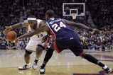 CLEVELAND - MAY 05: Marvin Williams #24 of the Atlanta Hawks steals the ball from LeBron James #23 of the Cleveland Cavaliers in Game One of the Eastern Conference Semifinals during the 2009 NBA Playoffs at Quicken Loans Arena on May 5, 2009 in Cleveland, Ohio.  NOTE TO USER: User expressly acknowledges and agrees that, by downloading and or using this photograph, User is consenting to the terms and conditions of the Getty Images License Agreement.  (Photo by Gregory Shamus/Getty Images)