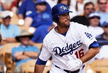 GLENDALE, AZ - MARCH 04:  Andre Eithier #16 of the Los Angeles Dodgers gets a hit against the San Francisco Giants during a spring training game on March 4, 2009, in Glendale, Arizona.  (Photo by Kevork Djansezian/Getty Images)