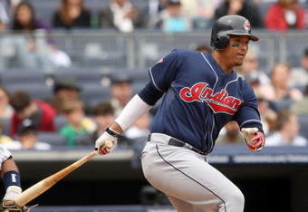 NEW YORK - APRIL 19:  Victor Martinez #41 of the Cleveland Indians bats against the New York Yankees at Yankee Stadium on April 19, 2009 in the Bronx borough of New York City.  (Photo by Ezra Shaw/Getty Images)