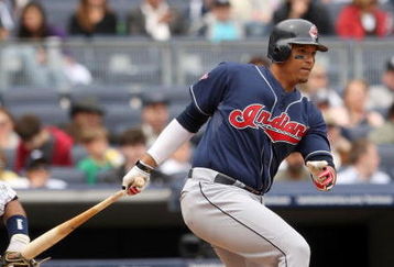 NEW YORK - APRIL 19:  Victor Martinez #41 of the Cleveland Indians bats against the New York Yankees at Yankee Stadium on April 19, 2009 in the Bronx borough of New York City.  (Photo by Ezra Shaw/Getty Images)