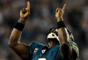 JACKSONVILLE, FL - DECEMBER 18:  David Garrard #9 of the Jacksonville Jaguars celebrates a touchdown during the game against the Indianapolis Colts at Jacksonville Municipal Stadium on December 18, 2008 in Jacksonville, Florida.  (Photo by Sam Greenwood/Getty Images)