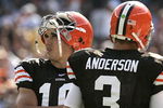 CLEVELAND - SEPTEMBER 16:  Brady Quinn #10 and Derek Anderson #3 of the Cleveland Browns look on during the NFL game against the Cincinnati Bengals at the Cleveland Browns Stadium on September 16, 2007 in Cleveland, Ohio. (Photo by Jeff Gross/Getty Images)