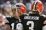CLEVELAND - SEPTEMBER 16:  Brady Quinn #10 and Derek Anderson #3 of the Cleveland Browns look on during the NFL game against the Cincinnati Bengals at the Cleveland Browns Stadium on September 16, 2007 in Cleveland, Ohio. (Photo by Jeff Gross/Getty Images)