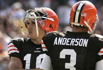 CLEVELAND - SEPTEMBER 16:  Brady Quinn #10 and Derek Anderson #3 of the Cleveland Browns look on during the NFL game against the Cincinnati Bengals at the Cleveland Browns Stadium on September 16, 2007 in Cleveland, Ohio. (Photo by Jeff Gross/Getty Images)
