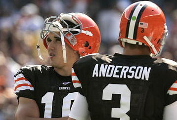 CLEVELAND - SEPTEMBER 16:  Brady Quinn #10 and Derek Anderson #3 of the Cleveland Browns look on during the NFL game against the Cincinnati Bengals at the Cleveland Browns Stadium on September 16, 2007 in Cleveland, Ohio. (Photo by Jeff Gross/Getty Images)