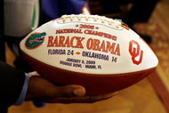 WASHINGTON - APRIL 23:  A detail photograph of the ball given to U.S. President Barack Obama by the University of Florida mens football team at the White House April 23, 2009 in Washington, DC. Obama hosted the 2009 national champion Gators, who presented the president with a custom jersey and football.  (Photo by Chip Somodevilla/Getty Images)