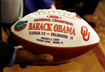 WASHINGTON - APRIL 23:  A detail photograph of the ball given to U.S. President Barack Obama by the University of Florida mens football team at the White House April 23, 2009 in Washington, DC. Obama hosted the 2009 national champion Gators, who presented the president with a custom jersey and football.  (Photo by Chip Somodevilla/Getty Images)