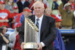 PHILADELPHIA, PA - OCTOBER 31:  Philadelphia Phillies manager Charlie Manuel holds the World Series Trophy at a victory rally at Citizens Bank Park October 31, 2008 in Philadelphia, Pennsylvania. The Phillies defeated the Tampa Bay  Rays to win their first World Series in 28 years.  (Photo by Jeff Fusco/Getty Images)