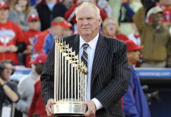 PHILADELPHIA, PA - OCTOBER 31:  Philadelphia Phillies manager Charlie Manuel holds the World Series Trophy at a victory rally at Citizens Bank Park October 31, 2008 in Philadelphia, Pennsylvania. The Phillies defeated the Tampa Bay  Rays to win their first World Series in 28 years.  (Photo by Jeff Fusco/Getty Images)
