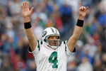 NASHVILLE, TN - NOVEMBER 23:  Quarterback Brett Favre #4 of the New York Jets celebrates on the field during the game against the Tennessee Titans at LP Field on November 23, 2008 in Nashville, Tennessee. (Photo by Kevin C. Cox/Getty Images)