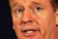 NEW YORK - JULY 27:  NFL Commissioner Roger Goodell answers questions from the media after reinstating Michael Vick on a conditional basis on July 27, 2009 at the InterContinental Hotel in New York City.  (Photo by Mike Stobe/Getty Images)