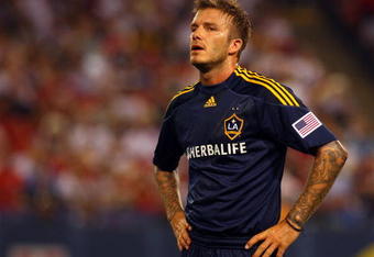 EAST RUTHERFORD, NJ - JULY 16:  David Beckham #23 of the LA Galaxy looks on against the New York Red Bulls at Giants Stadium in the Meadowlands on July 16, 2009 in East Rutherford, New Jersey. Galaxy defeat the Red Bulls 3-1  (Photo by Mike Stobe/Getty Images for New York Red Bull)