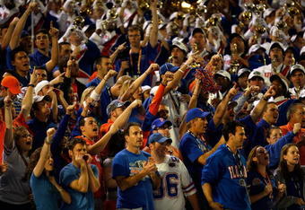 MIAMI - JANUARY 08:  Fans of the Florida Gators support their team against the Oklahoma Sooners during the FedEx BCS National Championship game at Dolphin Stadium on January 8, 2009 in Miami, Florida. Florida won 24-14.  (Photo by Marc Serota/Getty Images)