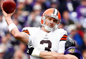 BALTIMORE - NOVEMBER 18:  Quarterback Derek Anderson #3 of the Cleveland Browns is hit as he passes during the second half of the game against Baltimore Ravens at M&T Bank Stadium November 18, 2007 in Baltimore, Maryland.  (Photo by Jamie Squire/Getty Images)
