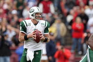 SAN FRANCISCO - DECEMBER 07:  Quarterback Brett Favre #4 of the New York Jets drops back to pass the ball against the San Francisco 49ers during an NFL game on December 7, 2008 at Candlestick Park in San Francisco, California. (Photo by Jed Jacobsohn/Getty Images)