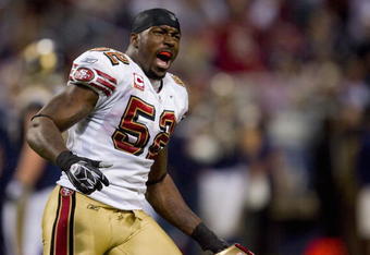 ST. LOUIS, MO - DECEMBER 21: Patrick Willis #52 of the San Francisco 49ers celebrates a victory against the St. Louis Rams at the Edward Jones Dome on December 21, 2008 in St. Louis, Missouri.  The 49ers beat the Rams 17-16.  (Photo by Dilip Vishwanat/Getty Images)