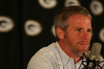 GREEN BAY, WI - MARCH 06: Quarterback Brett Favre of the Green Bay Packers listens to a question at his retirement press conference on March 6, 2008 at Lambeau Field in Green Bay, Wisconsin. (Photo by Jonathan Daniel/Getty Images)