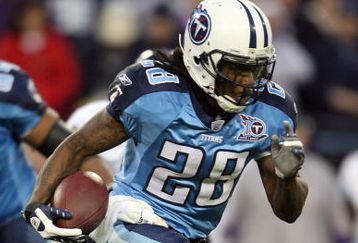 NASHVILLE, TN - JANUARY 10:  Running back Chris Johnson #28 of the Tennessee Titans runs the ball in the first quarter against the Baltimore Ravens during the AFC Divisional Playoff Game on January 10, 2009 at LP Field in Nashville, Tennessee.  (Photo by Andy Lyons/Getty Images)