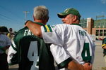 GREEN BAY, WI - AUGUST 11: Fans wear New York Jets and Green Bay Packers Brett Favre jerseys as he tailgates in the parking lots outside of Lambeau Field prior to the game between the Green Bay Packers against the Cincinnati Bengals at the Lambeau Field on August 11, 2008 in Green Bay, Wisconsin.  (Photo by Scott Boehm/Getty Images)