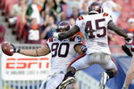 TAMPA, FL - DECEMBER 6: Defensive end Orion Martin #90 of the Virginia Tech Hokies celebrates a fumble recovery for a touchdown against the Boston College Eagles in the 2008 ACC Football Championship game at Raymond James Stadium on December 6, 2008 in Tampa, Florida.  (Photo by Al Messerschmidt/Getty Images)