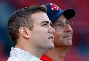 BOSTON - APRIL 24: General Manager Theo Epstein and Manger Terry Francona of the Boston Red Sox watch the pre-game action before a game with the New York Yankees at Fenway Park, April 24, 2009, in Boston, Massachusetts. (Photo by Jim Rogash/Getty Images)