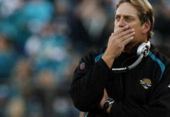 JACKSONVILLE, FL - NOVEMBER 16: Head coach Jack Del Rio of the Jacksonville Jaguars watches his team take on the Tennessee Titans at Jacksonville Municipal Stadium on November 16, 2008 in Jacksonville, Florida.  (Photo by Doug Benc/Getty Images)