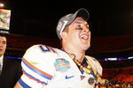 MIAMI - JANUARY 08:  Quarterback Tim Tebow #15 of the Florida Gators celebrates after defeating the Oklahoma Sooners in the FedEx BCS National Championship Game at Dolphin Stadium on January 8, 2009 in Miami, Florida. The Gators won the game by a score of 24-14.  (Photo by Donald Miralle/Getty Images)
