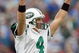 NASHVILLE, TN - NOVEMBER 23: Quarterback Brett Favre #4 of the New York Jets celebrates on the field during the game against the Tennessee Titans at LP Field on November 23, 2008 in Nashville, Tennessee. (Photo by Kevin C. Cox/Getty Images)