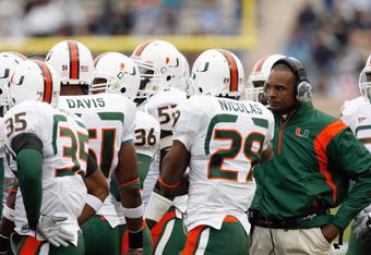 DURHAM, NC - OCTOBER 18:  Head coach Randy Shannon of the Miami Hurricanes talk to his players during the game against the Duke Blue Devils at Wallace Wade Stadium on October 18, 2008 in Durham, North Carolina.  (Photo by Kevin C. Cox/Getty Images)