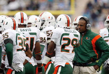 DURHAM, NC - OCTOBER 18:  Head coach Randy Shannon of the Miami Hurricanes talk to his players during the game against the Duke Blue Devils at Wallace Wade Stadium on October 18, 2008 in Durham, North Carolina.  (Photo by Kevin C. Cox/Getty Images)
