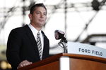DETROIT , MI - JANUARY 16:  Jim Schwartz head coach of the Detroit Lions talks during a press conference after being introduced on January 16, 2009 at Ford Field in Detroit, Michigan.  (Photo by Gregory Shamus/Getty Images)