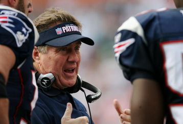 MIAMI - NOVEMBER 23:  Head coach Bill Belichick of the New England Patriots talks with his defense in the third quarter while taking on the Miami Dolphins at Dolphin Stadium on November 23, 2008 in Miami, Florida. The Patriots defeated the Dolphins 48-28.  (Photo by Doug Benc/Getty Images)