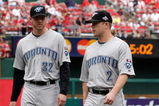 ST. LOUIS, MO - JULY 14:  American League All-Stars Roy Halladay and Aaron Hill of the Toronto Blue Jays look on before the 2009 MLB All-Star Game at Busch Stadium on July 14, 2009 in St Louis, Missouri. (Photo by Jamie Squire/Getty Images)