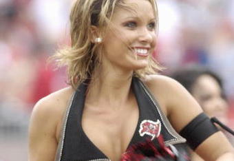 TAMPA, FL - SEPTEMBER 23:  A cheerleader of the Tampa Bay Buccaneers entertains during play against the St. Louis Rams at Raymond James Stadium on September 23, 2007 in Tampa, Florida. The  Bucs won 24 - 3. (Photo by Al Messerschmidt/Getty Images)