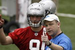 ALLEN PARK, MI - MAY 01:  Offensive coordinator Scott Linehan of the Detroit Lions talks with Matthew Stafford #9 during rookie orientation camp at the Detroit Lions Headquarters and Training Facility on May 1, 2009 in Allen Park, Michigan.  (Photo by Gregory Shamus/Getty Images)