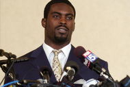 RICHMOND, VA - AUGUST 27:  Atlanta Falcons quarterback Michael Vick makes a statement to reporters at the Omni Richmond Hotel after agreeing to a guilty plea on charges stemming from his involvement in a dogfighting ring August 27, 2007, in Richmond, Virginia.  (Photo by Jonathan Ernst/Getty Images)