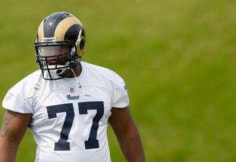 EARTH CITY, MO - MAY 2: Jason Smith #77 of the St. Louis Rams looks on during a mini camp on May 2, 2009 at the Russell Training Center in Earth City, Missouri.  (Dilip Vishwanat/Getty Images)