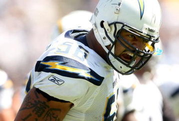 SAN DIEGO - SEPTEMBER 07:  Linebacker Shawne Merriman #56 of the San Diego Chargers exhorts the crowd against the Carolina Panthers on September 7, 2008 at Qualcomm Stadium in San Diego, California. The Panthers won 26-24.  (Photo by Stephen Dunn/Getty Images)