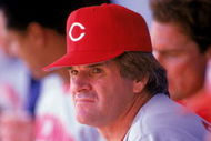 1985: Pete Rose of the Cincinnati Reds watches from the dug-out during a MLB game in the 1985 season. ( Photo by: Rick Stewart/Getty Images)